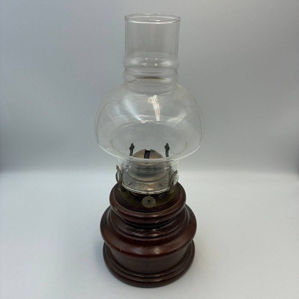 Vintage Oil Lamp Wood Base Clear Glass Hurricane Chimney Brass Burner